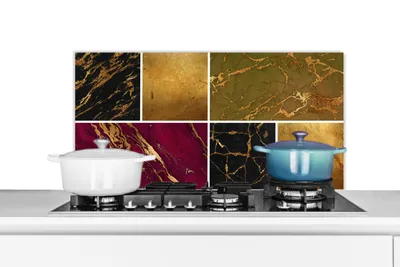 Obrázok produktu pre MuchoWow® Splashback Kuchyňa - Kuchynský backsplash - Ochrana steny pre sporák a drez Mramor - zlatá - elegantná 90x45cm Alu-Dibond (alternatíva k