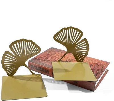Image de Serre-livres métalliques - Serre-livres - Étagères en feuilles de ginkgo - En forme de L - Nervures de feuilles végétales - Étagères robustes - Organiseurs de bureau avec pinces à livres - Décorations pour étagères à usage domestique et professionnel - 12,4 cm - Marron