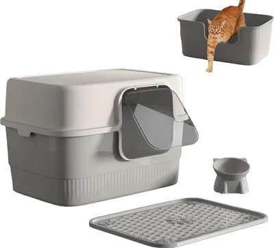 Produktbild von OKWISH Katzentoiletten geschlossen, Katzenklo, Katzenklo mit Schaufel, Katzentoilette geruchsdicht, Katzentoilette mit Futternapf und Matte, 52*38*35