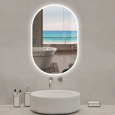 Image de Miroir de salle de bain ovale 50x80cm, mémoire + dimmable + anti-buée, IP44, 6000K blanc froid