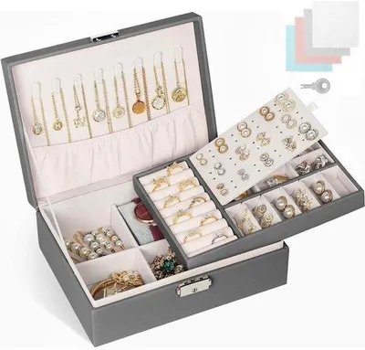 Produktbild von Schmuckkästchen für Damen, groß, 2 Ebenen, abschließbarer Schmuckbehälter mit Schlüssel, Schmuckorganizer, Schmuckkästchen für Ringe, Halsketten und Ohrringe