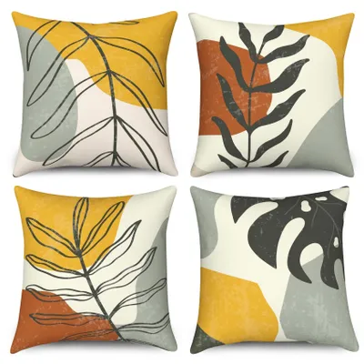 Kissenbezüge 50x50 cm, 4er-Set, Boho, abstrakte Blätter, Leinen