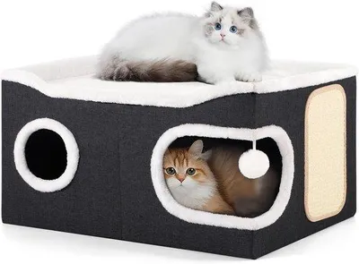 Produktbild von Faltbarer Katzenkorb, Innenraum als Katzenhaus für große Katzen, 61 (L) x 45 (B) x 32 (H), 2-stöckiger Katzenwürfel, XXL-Katzenbett mit Kratzbrett und Spielzeug