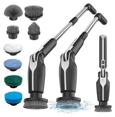 Obrázek produktu pro Elektrický čisticí kartáč Leebein, 2024 New Spin Scrubber s 8 vyměnitelnými kartáčovými hlavami, dálkovým ovládáním, nastavitelnou dlouhou rukojetí 38-132 cm a 2 rychlostmi a pro koupelnu (černý)