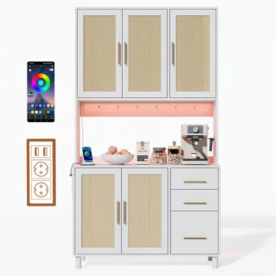 Produktbild von AIORBER Küchenanrichte Buffet mit LED Beleuchtung, Steckdosen & USB, Rattan, 3 Schubladen, Aufbewahrungsschrank, höhenverstellbar, Weiß