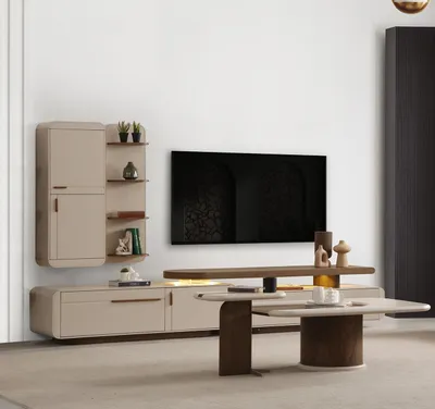 Zdjęcie produktu dla Beżowy zestaw do salonu Designerska szafka pod telewizor Drewniane szafki ścienne