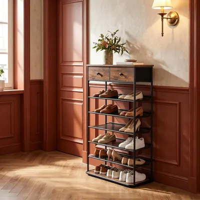 Produktbild von Schuhregal, 7 Ebenen, 2 Stoffschubladen, 5 Gittern, Verstellbaren | Schuhständer für Eingang, Flur, Verstellbaren Gitterablagen, 20-24 Paar