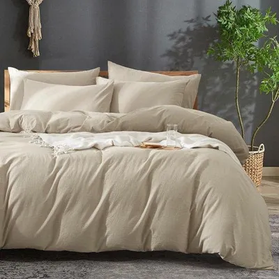 Image de Ensemble de literie Ibenzoa® 135x200 cm + 2x80x80 cm – 70% coton / 30% lin, beige et kaki, comprenant 1 housse de couette et 2 taies d'oreiller, avec fermeture éclair métallique dissimulée