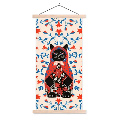 Produktbild von MuchoWow® Textilposter Matrjoschka - Blumen - Katze 60x120 cm mit holzfarbenen Rahmen - Holz