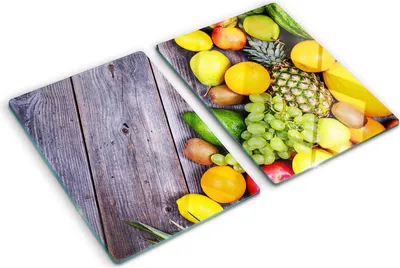 Produktbild von Tulup Glas Herdabdeckplatte - 2x40x52 cm - Glaskeramikkochfeld-Abdeckung Spritzschutz Glasabdeckplatte Kochplattenabdeckung und Schneidebrett - Zweiteilig - Essen & Getränke - Frucht auf Holz - Mehrfarbig