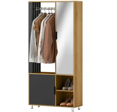 Produktbild von Kleiderschrank mit Spiegel und Hängestange, Schuhschränke, Aufbewahrungsfächer, offene Ablageflächen