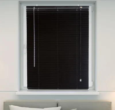 A black aluminum blind is shown in a window frame, covering the glass.