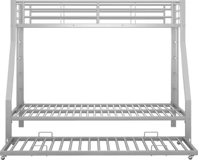 Produktbild von Flieks Hochbett mit Leiter und Ausziehbarem Bett, Etagenbett mit Rausfallschutz, Metallbett mit Lattenrost, Jugendbett Kinderbett Gästebett, 90x200/140x200/90x190, Silber