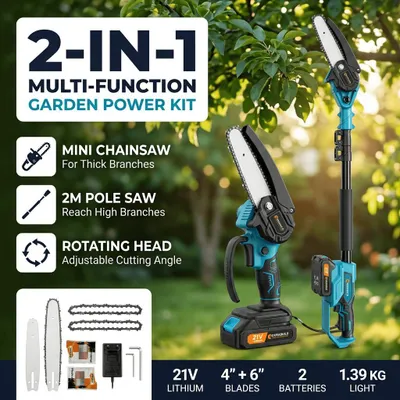 Image de Tronçonneuse sans fil 2-en-1 et élagueuse télescopique 21V, perche 2m, lames 4"+6", 2 batteries