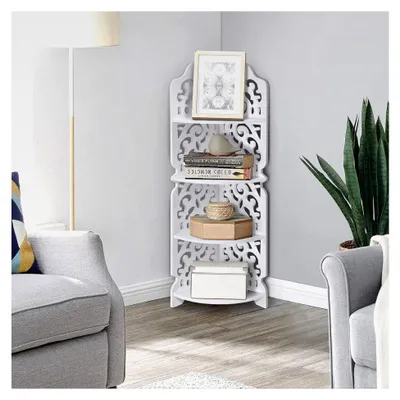 Produktbild von Eckregal Weiß, 4 Etagen, Stehend zur Wandmontage, Geschnitztes Design, Feuchtigkeitsbeständiges Badezimmerregal für Büro, Wohnzimmer, Küche 84,5 x 18 x 22 cm