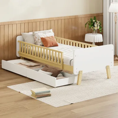 Produktbild von Kinderbett mit 2 Schubladen, Einzelbett aus Massivholz mit Lattenrost, 90x190cm