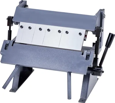 A metal sheet metal bending machine is shown against a white background.