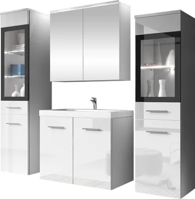 Produktbild von MIRJAN24 Badmöbel-Set Madrit II, Badezimmer-Set mit Spiegel und Waschbecken (Farbe: Weiß / Weiß Hochglanz, mit Siphon, mit weißer LED Beleuchtung)