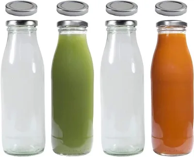 Produktbild von PromoHome® Glas Aufbewahrungsflaschen Set - 4 Flaschen 500 ml mit Schraubdeckeln und Etiketten - silberfarben
