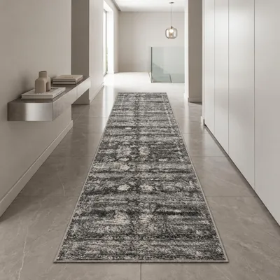 Zdjęcie produktu dla Szary dywan z motywem vintage i subtelnym wzorem, wymiary: 80 x 300 cm