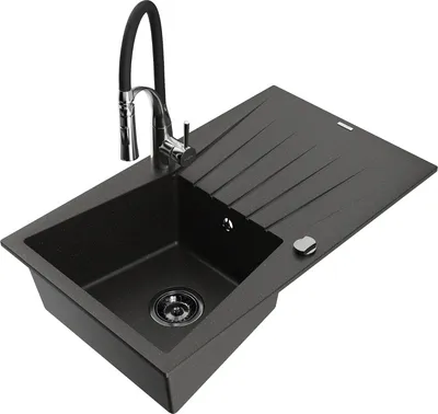 Produktbild von Mexen Cesar 1 Becken-Granitspüle mit Abtropffläche und Mischbatterie Aster, Schwarz/Gold metallisch - 6514-75-73450-07-B