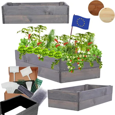 Produktbild von MODO24 Hochbeet Holz, Pflanzkasten, Massivholz, Kiefer, Kräuterbeet, Blumenkasten, Garten, Terrasse, 18x103x30 cm, Grau, ZP06