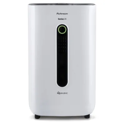 A white Rohnson R-9920 Genius Wi-Fi air dehumidifier is shown against a white background.
