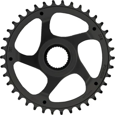 A black bicycle chainring with cutouts and teeth, isolated on a white background.