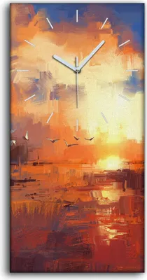 Produktbild von Leinwand Uhr Küche Wohnzimmer Bild 30x60 Gemälde mit Sonnenuntergang am See - weiße Hände