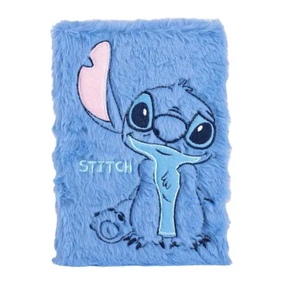 A fluffy blue notebook with a Stitch character embroidered on the front.