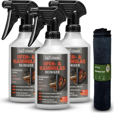 Produktbild von bio-chem Ofen- und Kaminscheibenreiniger Kaminglasreiniger - 3x 500 ml Hochleistungs-Aktivschaum inkl. Mikrofasertuch - Entfernt mühelos hartnäckige Ablagerungen wie Ruß, Fette, Rauchharz -  DE