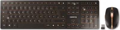 Produktbild von Cherry DW 9100 SLIM Kabelloses Tastatur-Maus-Set, Schwarz-Bronze, Metall, Flaches Design. Maße: Tastatur 440x130x15 mm, Maus 99x62,5x33,5 mm. Universal, Windows 7/8/10, Magnetische Stützleiste, Status-LEDs in Tasten.