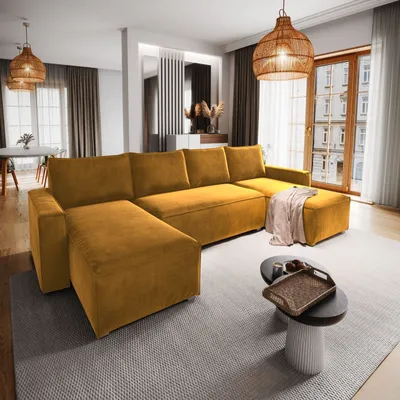 Produktbild von Masseno Ecksofa DENI mit Schlaffunktion U-Form, Sofa mit Bettkasten, Wohnzimmersofa, Couch, Soffa, Bettsofa, Couchgarnitur- Gelb, MONOLITH 48