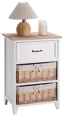 Produktbild von Nachttisch PROVENCE weiß, Nachtkommode mit 1 Schublade und 2 Körben, Beistelltisch im Landhausstil mit schwarzen Griffen, Kommode aus Paulownia Holz