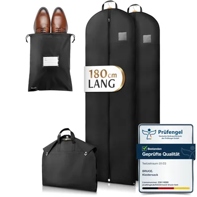 Produktbild von Bruce.® 2x Premium Kleidersack Lang 180 cm x 60 cm inkl. 1x Schuhbeutel, Hochwertige Kleiderhülle für Mäntel, Jacken, Kleider & Anzug, Atmungsaktiv