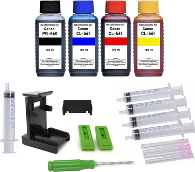 Produktbild von Druckerpatronen-Nachfüllset für Canon PG-560 (XL) + CL-561 (XL) Tintenpatronen - 4 x 100 ml Nachfülltinte black, cyan, magenta, yellow + Zubehör für Canon Pixma TS5300, TS5350, TS5351, TS5352, TS5353, TS5450, TS5451, TS5452, TS7400, TS7450, TS7451