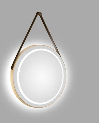 A round mirror with integrated LED lighting, suspended by a leather-look strap, against a plain background.