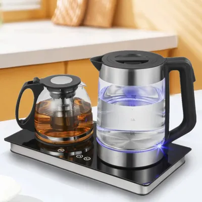 Produktbild von Teekannen und Wasserkocher aus Glas, 1.8L elektrischer Wasserkocher, Wärmeerhaltungsfunktion, großer Kapazität, 1.2L Gesundheitskochtopf, mit Filter