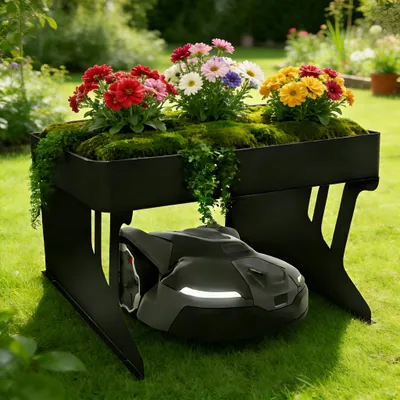 Produktbild von Mähroboter Garage Rasenmäher mit Pflanzkasten, 80x66x48cm, UV-beständig, Rostfrei, Mährobotergarage Dach Carport Rasenroboter Überdachung, Schwarz