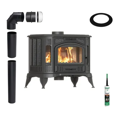 A freestanding cast iron stove with various accessories, including pipes, an elbow joint, a sealing ring, and a tube of sealant, arranged around it on a white background.