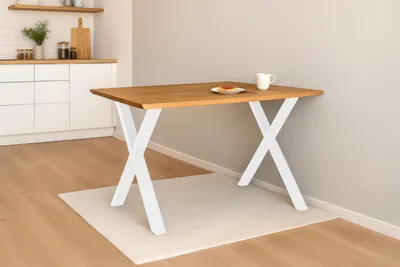 Produktbild von Esstisch Baumkante massiv Eiche geölt 120 x 80 cm X-Gestell weiß SALVADOR