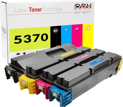 A set of four toner cartridges for a printer, displayed in front of their packaging box.