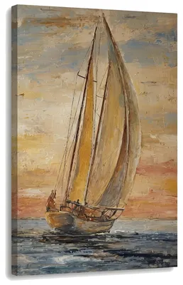 Immagine prodotto di Quadro con barca a vela al tramonto – quadro su tela per il soggiorno 80x120 cm, rifinito a mano, foglia oro | Papilora