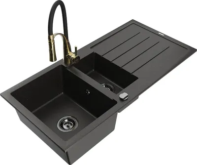 Produktbild von Mexen Andres 1,5-Becken-Granitspüle mit Abtropffläche und Mischbatterie Aster, Schwarz/Gold metallisch - 6515-75-73450-57-B