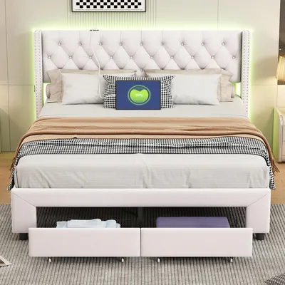 Produktbild von INONEFT Polsterbett Doppelbett 180x200 mit 2 Schubladen, Kopfteil mit LED-Beleuchtung und USB-Anschlüsse, Jugendbett, Samt,Beige