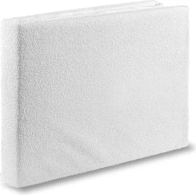 A white terry cloth mattress protector is shown from a slightly angled front view.