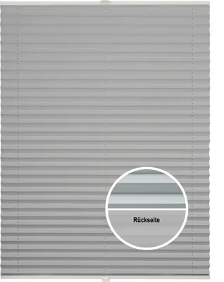 A close-up view of a gray pleated blind with a circular inset showing a detail of the back side.