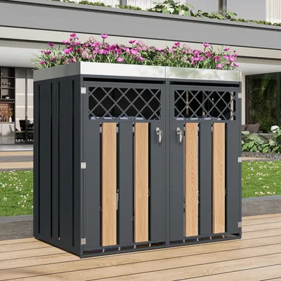 Produktbild von Merax abschließbare Mülltonnenbox mit Pflanzkasten, Doppel Mülltonnen Verkleidung mit 2 Türen aus Rauten Belüftung und Stahl, Garten, Holzoptik Grau