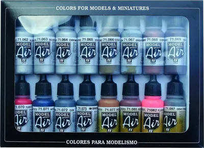 Immagine prodotto di Vallejo Model Color Set di vernici acriliche con effetti metallici. Kit di 16 colori con finitura metallizzata per aerografo in flaconi da 18 ml con contagocce per riprodurre finiture metallizzate.