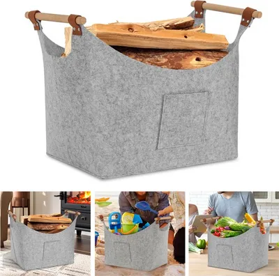 Produktbild von Jayseuw Filzkorb mit Holzgriffen, Holzkorb für Kaminholz, Brennholzkorb aus Filz 5mm, Hellgrau